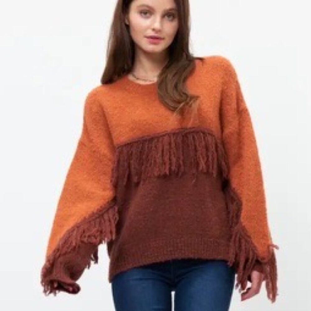 Dreamers Colorblock Fringe Sleeve Sweater S/M Rust Burgundy Boho